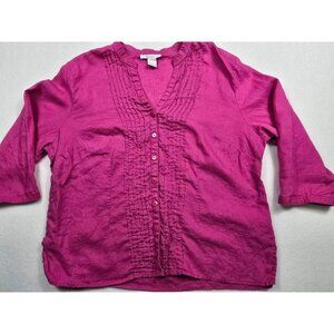 Sarah Spencer Womens 1X Magenta Button-Down Pintuck Blouse 3/4 Sleeve 100% Linen
